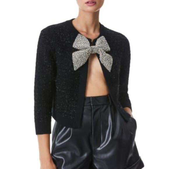 Alice + Olivia Akira Black Silver Beaded Bow 3/4 Sleeve...